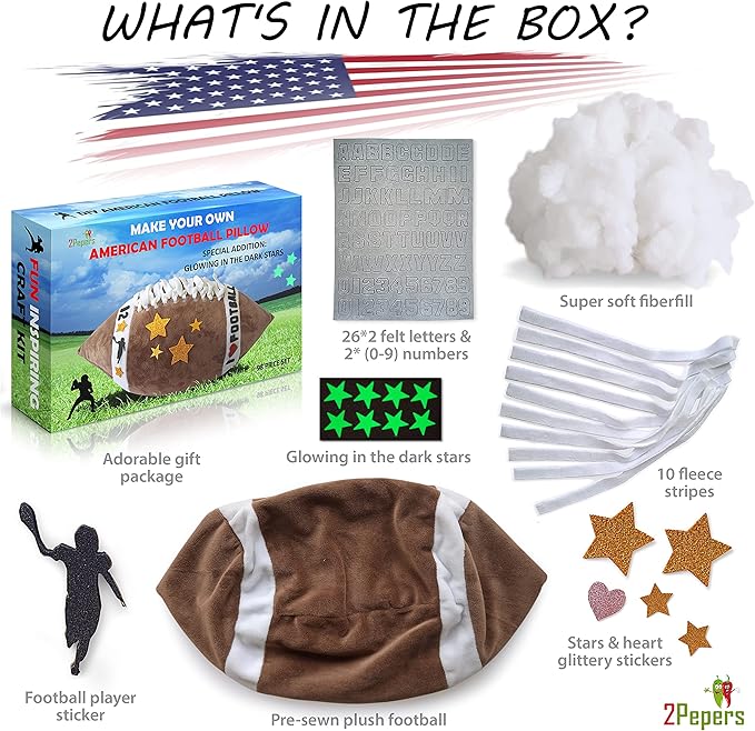 Make Your Own American Football Pillow, Football Gifts for Boys and Girls Ages 3 4 5 6 7 8 9 10 Years and Up, DIY Arts and Crafts Kit for Kids, Sports Present, Boys Toys