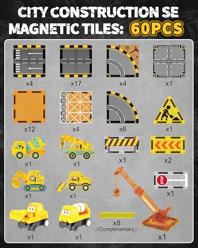 60pcs Double-Sided Magnetic Tiles with Sliding Tracks Construction Toys & Extendable Crane, Toddler Building City Road Set with Car for Kids 3 4 5 6 7 8, STEM Educational for Boys Girls
