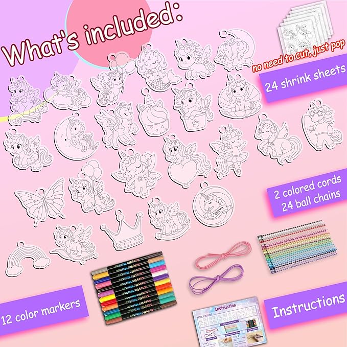 Vicentorra DIY Unicorn Shrinking Art Kit, 63 PCS That Creates Charms and Tags, Includes 24 Pre-Cut Charms, 12 Markers & 12 Ball Chains, No Mess Art & Crafts for Kids and Teens, Ideal Party Favor Gift