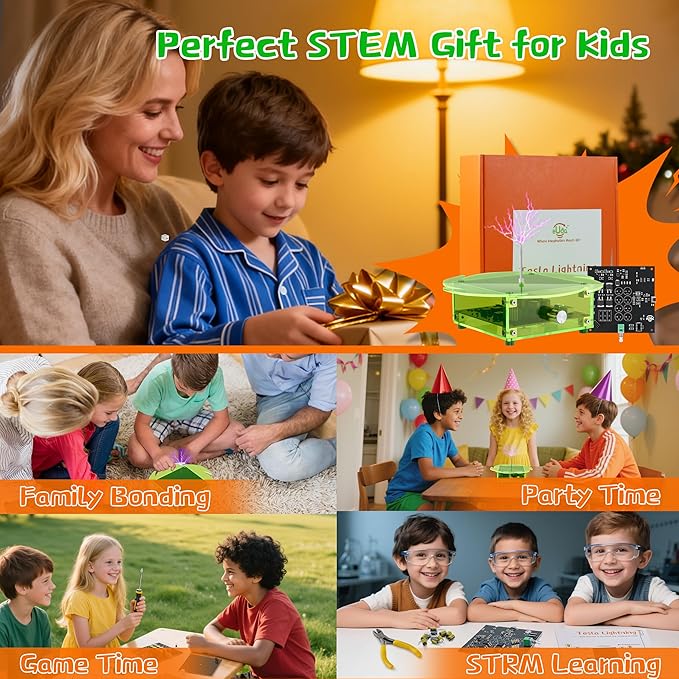 STEM Science Building Kit for Kids–Electronic Tesla Lightning Kit–Easy DIY Science Gadgets & Crafts–Unique Educational Gift Toys for Fun and Learning(Assembly Version) (Bear-Fluorescent Green)