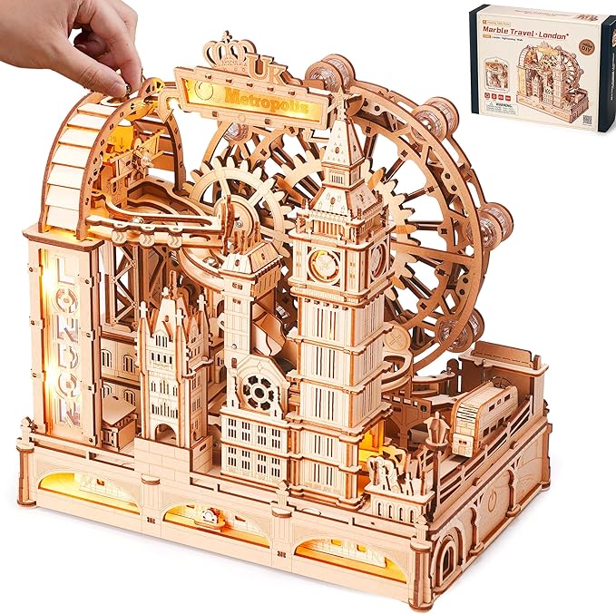 ROBOTIME Wooden Town Marble Run - 3D Wooden Puzzles for Adults EGB01 Night City Marble Run Kit - Wooden Puzzle Models for Adults to Build - Space/STEM/Engineering Gift