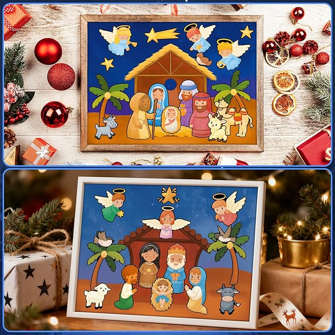 LINAYE 48 Sheets Nativity Scene Stickers, Religious Christian Christmas Stickers Nativity Crafts for Kids School Classroom, Christmas Activities Games for Kids Party Favors 24 Finished Products
