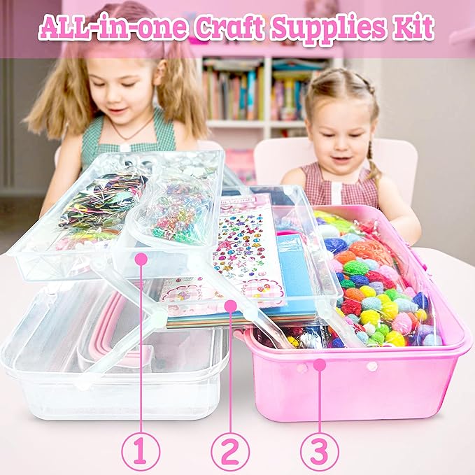 LINAYE 3000PCS Arts and Crafts Supplies for Kids, DIY Craft Box Kits, Craft Supplies Set Include Pompoms, Pipe Cleaners for Kids Ages 4-6 6-8 Birthday Christmas Gifts for Boys Girls Rose