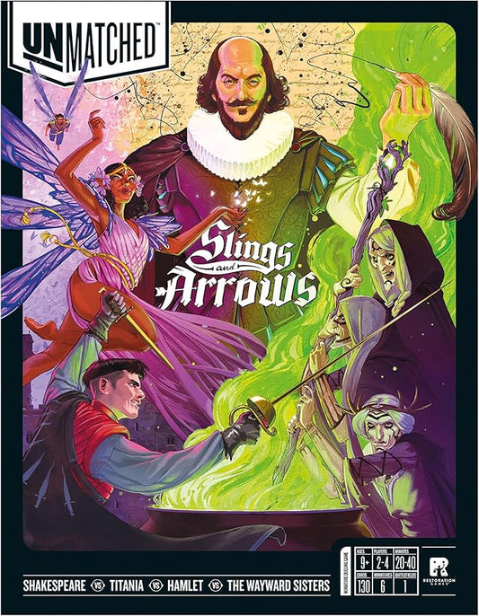 Restoration Games Unmatched Slings and Arrows - Strategy Board Game for 2 to 4 Players - Shakespeare Heroes Expansion with Globe Theatre Battlefield - 30 Min Playtime - Ages 9+
