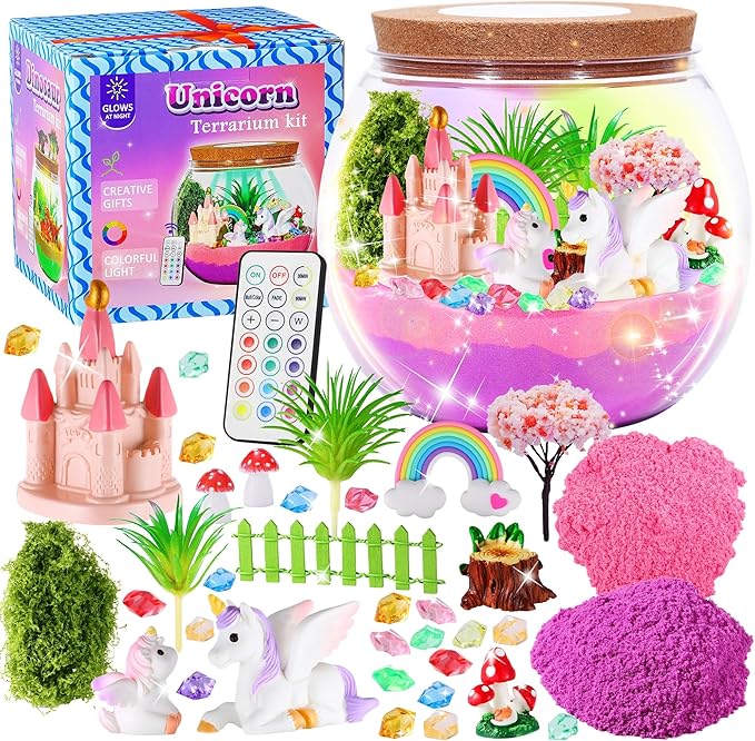 Gifmore Unicorn Terrarium Kit for Kids with LED Night Light & Remote Control, Unicorn Toys & Arts and Crafts for Girls Ages 4-12, Creative Birthday Christmas Gifts for Kids
