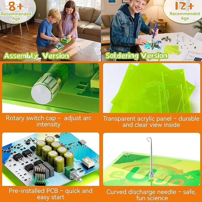 STEM Science Building Kit for Kids–Electronic Tesla Lightning Kit–Easy DIY Science Gadgets & Crafts–Unique Educational Gift Toys for Fun and Learning(Soldering Version)(Rectangular-Fluorescent Green)