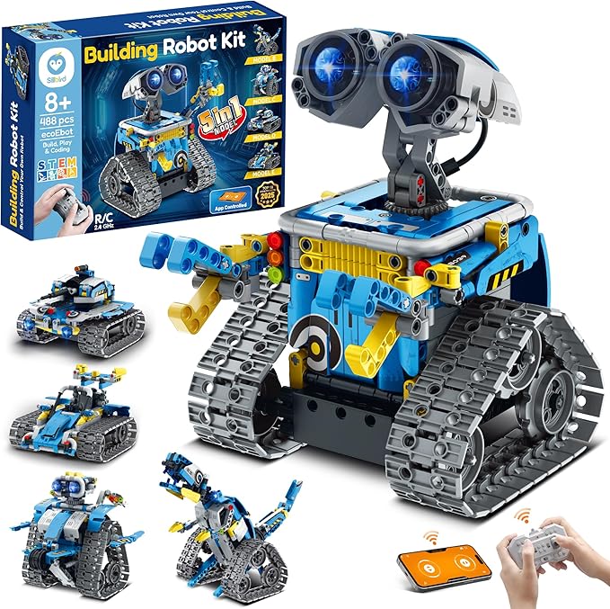 Sillbird Robot Building Kit with Remote Control Christmas STEM Gifts for Boys Ages 8-12, Technic Coding Robotic Toys for Kids Birthday, Build 5in1 Models with 488 Pieces - Blue
