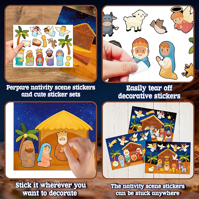 LINAYE 48 Sheets Nativity Scene Stickers, Religious Christian Christmas Stickers Nativity Crafts for Kids School Classroom, Christmas Activities Games for Kids Party Favors 24 Finished Products