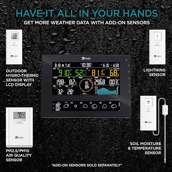 Logia 7-in-1 Wi-Fi Wireless Weather Station with 10-Day / 24 Hour Forecast, Solar & Large 8" Color Display | Measures Wind Speed/Direction, Rainfall, UV Index, Light Intensity, Temperature & Humidity