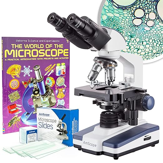 AmScope 40X-2500X LED Lab Binocular Compound Microscope with Double Layer Mechanical Stage + Book + 100 Coverslips & 50 Blank Slides