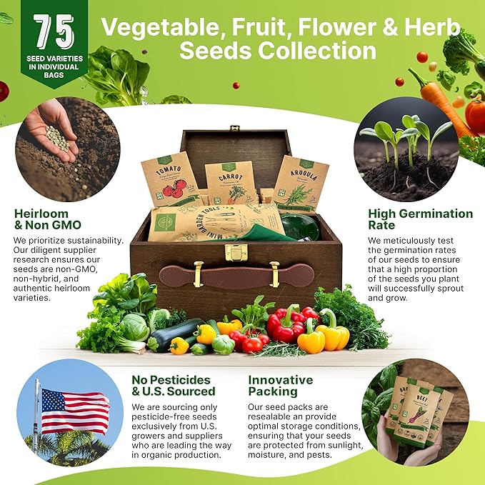 75 Medicinal & Tea Herb Seeds Variety Pack, Garden Seed Starter Kit - Over 47,380 Non-GMO Heirloom Seeds for Planting Herbs and Vegetables, Gift Seed Box with Gardening Supplies