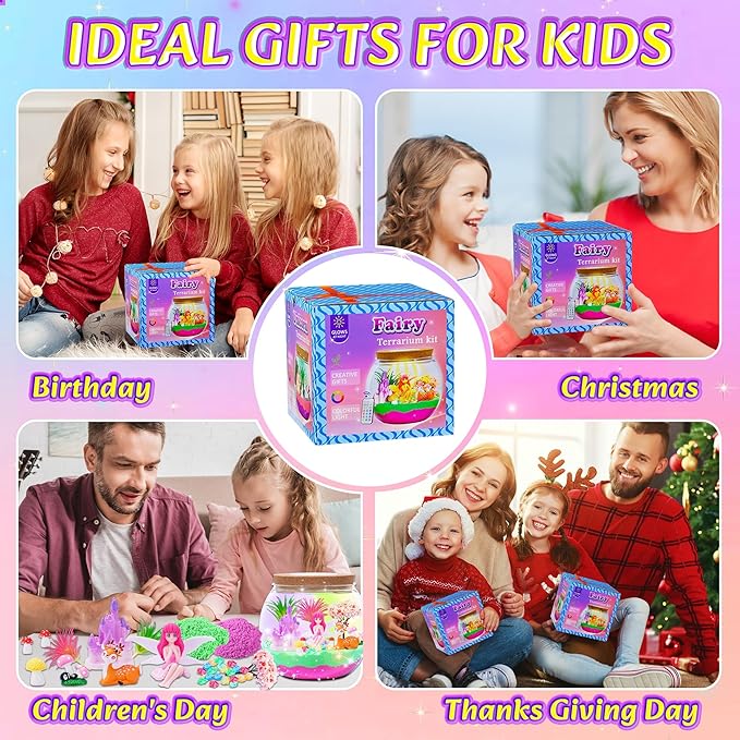Gifmore Fairy Terrarium Kit for Kids with LED Night Light & Remote Control, Fairy Toys & Arts and Crafts for Girls Ages 4-12, Creative Birthday Christmas Gifts for Kids