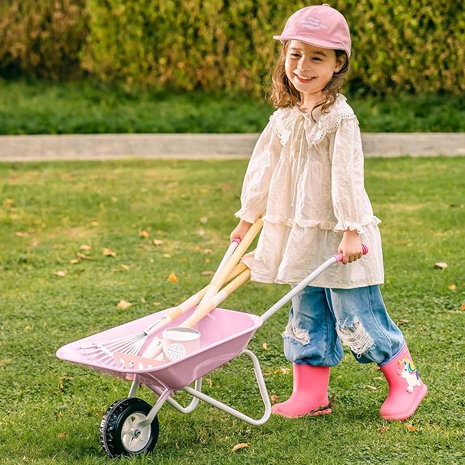 ROBOTIME Kids Wheelbarrow with Gardening Set – Metal Wheelbarrow Toddler Outdoor Play Toy with Garden Tools, Watering Can & Plant Labels, Pretend Play Yard Equipment for Boys and Girls (Pink)
