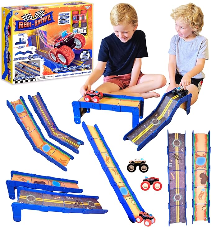 STEM Ramp Builder Set by Redi-Rampz–10 Modular Track Pieces with Adjustable Angles + 2 Monster Trucks | Build Custom Ramps, Bridges & Jumps (Ages 3+, No Batteries, Fits 1:64 Vehicles)