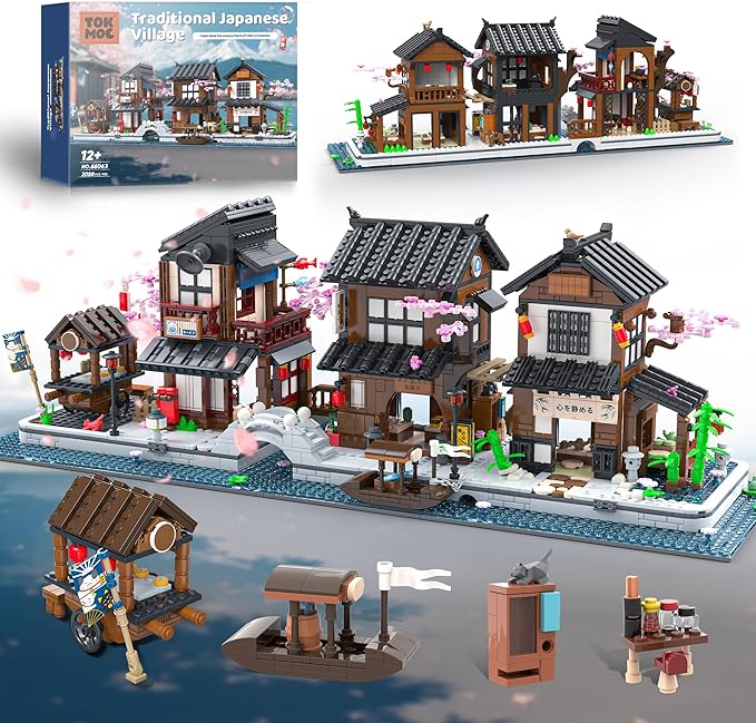 Cherry Blossom Japanese Street Building Block – Zen House Architecture building Set with Mini Shops, Izakaya, Ramen Shop & Tea House, Interactive Street View Micro Town, Gift for Adults, 2058Pcs