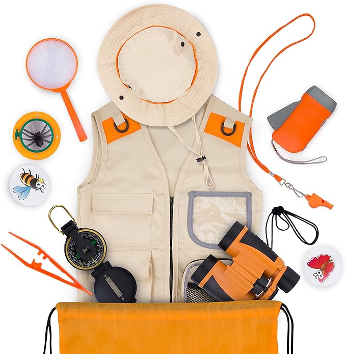 Kids Explorer Kit with Safari Vest & Hat for 7-12 Year Old Boys & Girls - Safari Costume & Dress Up as Zoo Keeper, Paleontologist - Giftable Outdoor Adventure Kit for Kids + Adventure Book