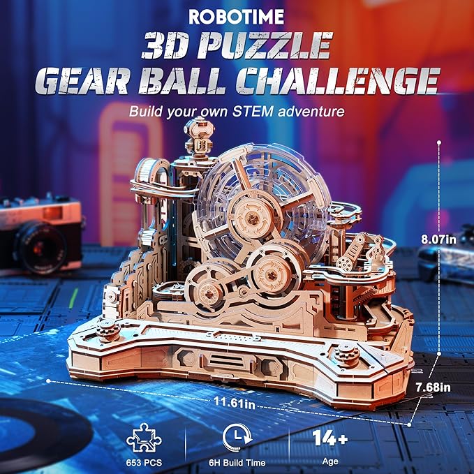 ROBOTIME 3D Wooden Puzzles Marble Run Set - 3D Puzzles for Adults-Mechanical Model Kit for Adults - Model Building Kits - Space/STEM/Engineering Gift