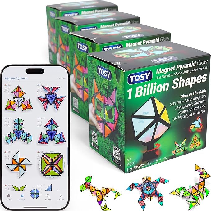 TOSY Magnet Pyramid Glow - 1 Cube Transforms into 1 Billion Shapes, 12 Pieces, 243 Rare Earth Magnets, Glowing, Christmas Stocking Stuffers Gift for Kids, Creative Puzzle STEM/STEAM Toy, 4-Pack