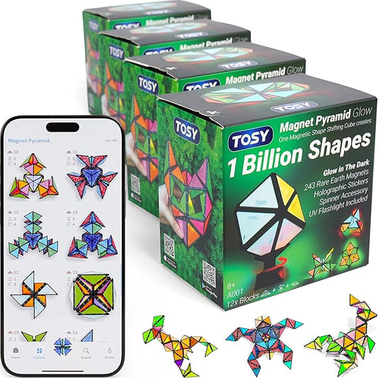 TOSY Magnet Pyramid Glow - 1 Cube Transforms into 1 Billion Shapes, 12 Pieces, 243 Rare Earth Magnets, Glowing, Christmas Stocking Stuffers Gift for Kids, Creative Puzzle STEM/STEAM Toy, 4-Pack