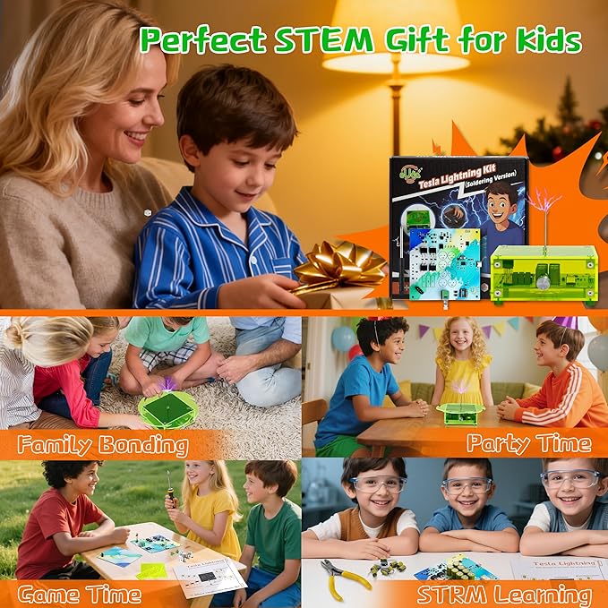eUda+ STEM Tesla Lightning Kit – Easy DIY Electronic Science Kit – Perfect Christmas STEM Gift for Kids – Fun Hands-On Learning & Building Toy(Assembly Version) (Rectangular-Fluorescent Green Pro)