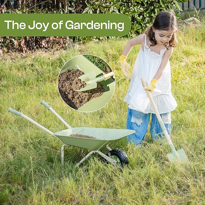 ROBUD Kids Wheelbarrow Set, Green Metal Toddler Wheelbarrow with Shovel, Hoe, Broom & Gloves, Kid Gardening Set for Kid to be Closer to Nature, WRP43