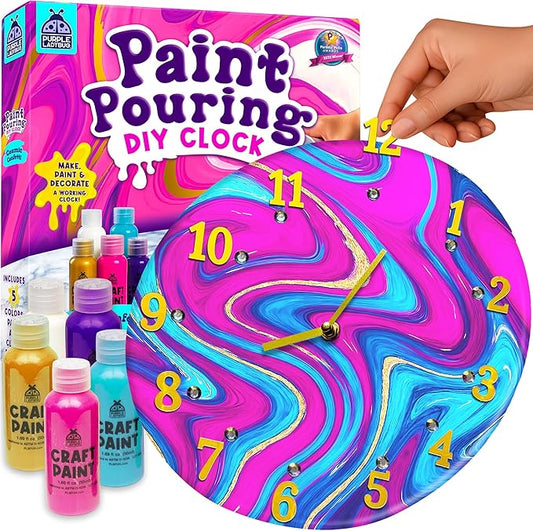 PURPLE LADYBUG Pouring Paint DIY Clock Kit - Creative Kids Painting Kit - 6 7 8 9 10 11 12 Year Old Girl Gift Ideas, Birthday & Christmas Gifts for 6-12 Year Old Boys & Girls - Crafts for Kids 8-12