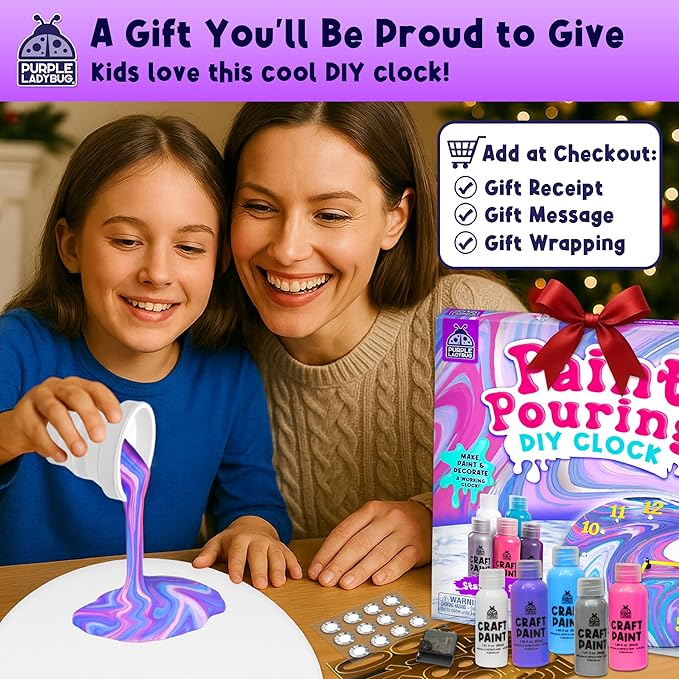 PURPLE LADYBUG Paint Pouring DIY Clock Kit - Arts and Crafts for Kids Ages 8-12, Painting Kit for Kids 6-8 - Gifts for 6-12 Years Old Girls & Boys Birthday & Christmas - Tween & Teen Girl Gifts Ideas