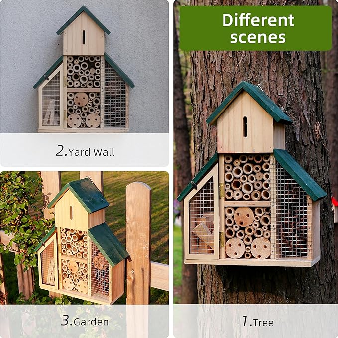 3 Tier Wooden Insect House, Bug Hotel Garden, Outdoor Hanging Shelter for Bees, Bee House, Outdoor Hanging Shelter for Bees, Ladybugs & Butterflies, Wildlife House with Bamboo & Pine Cones