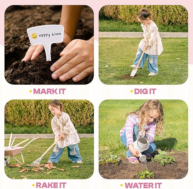 ROBOTIME Kids Wheelbarrow with Gardening Set – Metal Wheelbarrow Toddler Outdoor Play Toy with Garden Tools, Watering Can & Plant Labels, Pretend Play Yard Equipment for Boys and Girls (Pink)