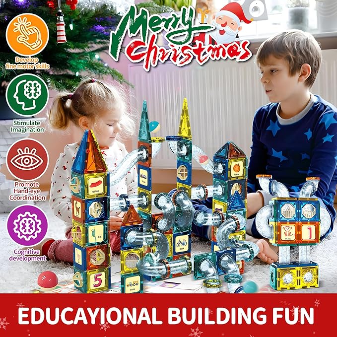 Motorized Marble Run Set, 107-Piece Magnetic Tile Building Toy with Ferris Wheel & Elevator, Marble Runs for Kids 4-8, Marble Maze Game Building Toy, Perfect STEM Educational Gift for Kids Ages 4-12