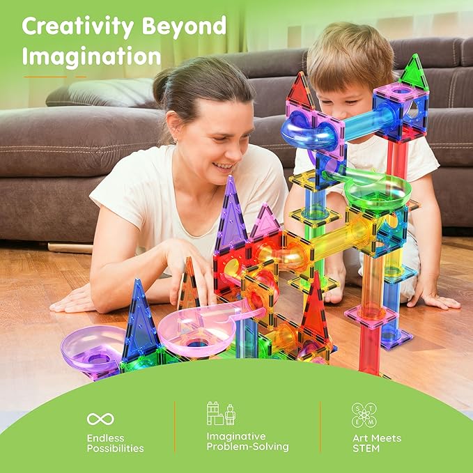 PicassoTiles 150pc Magnetic Marble Run Track Set STEM Construction Toy with Slides Ramps and Tubes Educational Magnet Tile Building Kit Kids Age 3 Plus Learning Gift for Boys Girls Preschool PTG150