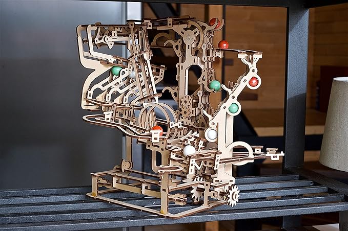 UGEARS 2 in 1 3D Puzzle Marble Run Chain Hoist Plus Stepped Hoist - DIY Marble Run Wooden Puzzle for Adults and Kids