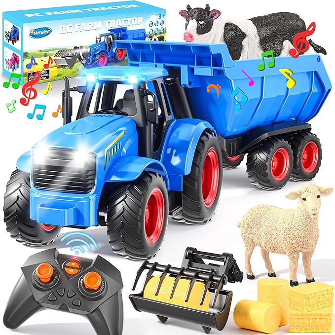 Funwee RC Tractor Toy Set with Light & Sound, Kids Farm Car Animal Trailer Wheels Remote Truck, Outdoor Vehicle Toys Birthday Gift Idea for 3 4 5 6 7+ Years Old Toddler Boys and Girls(Blue)