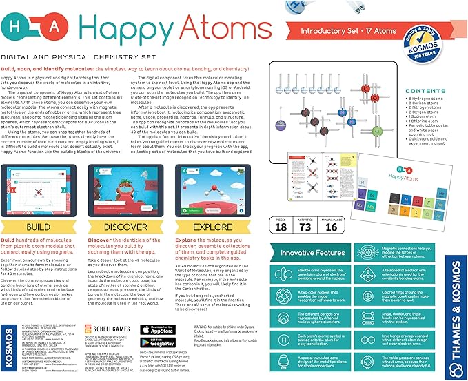 Happy Atoms Magnetic Molecular Modeling Introductory Set | Intro to Atoms, Molecules, Bonding, Chemistry | Create 508 Molecules | 73 Activities | Plus Free Educational App for iOS, Android