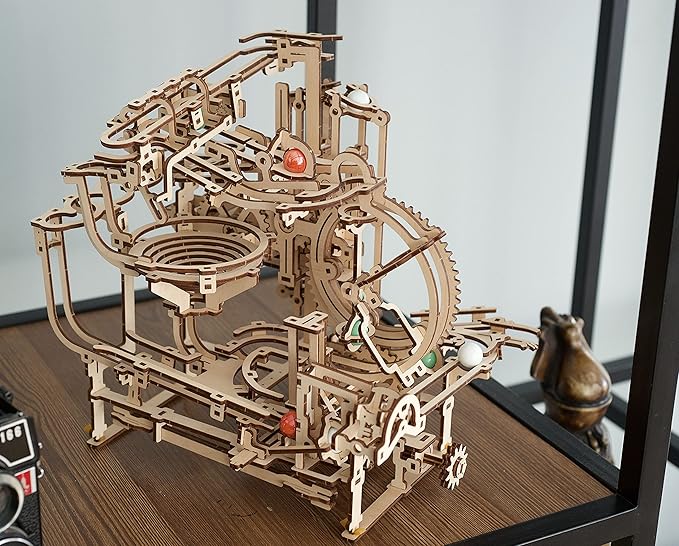 UGEARS 2 in 1 3D Puzzle Marble Run Chain Hoist Plus Stepped Hoist - DIY Marble Run Wooden Puzzle for Adults and Kids