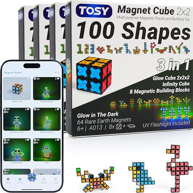 TOSY Magnet Cube 2x2-8 Blocks, 2in1 Toy: 2x2x2 Puzzle Cube and Customizable Infinity Cube, Glowing w/UV Flashlight, Christmas Stocking Stuffers Gift for Kids/Grandkids, STEM Toy, 4-Pack