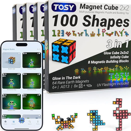TOSY Magnet Cube 2x2-8 Blocks, 2in1 Toy: 2x2x2 Puzzle Cube and Customizable Infinity Cube, Glowing w/UV Flashlight, Christmas Stocking Stuffers Gift for Kids/Grandkids, STEM Toy, 4-Pack