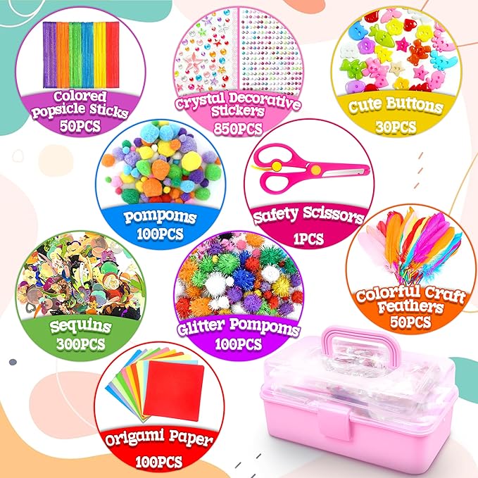 LINAYE 3000PCS Arts and Crafts Supplies for Kids, DIY Craft Box Kits, Craft Supplies Set Include Pompoms, Pipe Cleaners for Kids Ages 4-6 6-8 Birthday Christmas Gifts for Boys Girls Rose