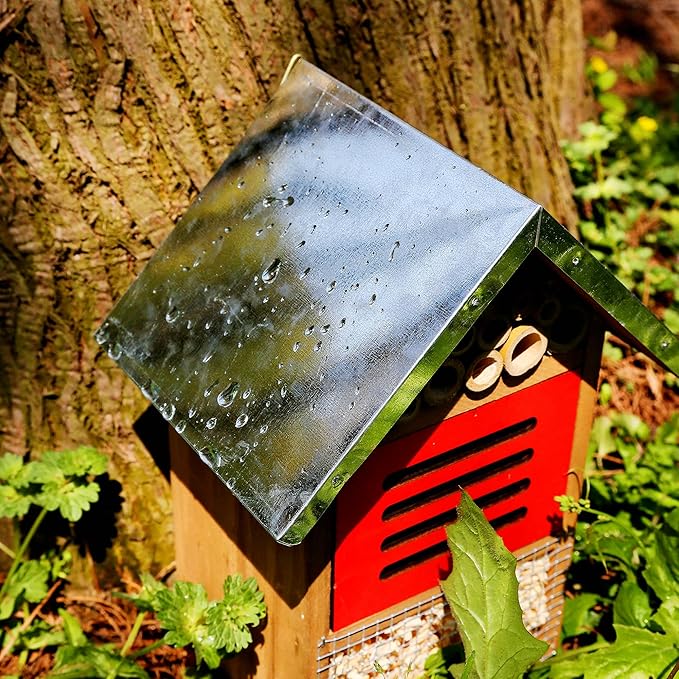 Wooden Mason Insect Bee Butterfly House with Metal roof,an Outdoor Hanging Habitat for Bee Butterfly Ladybugs
