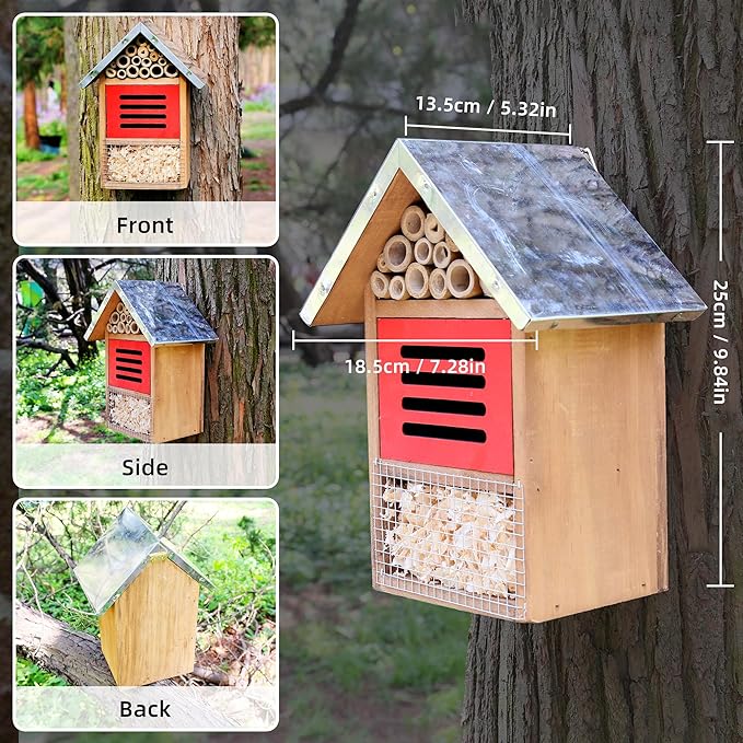 Wooden Mason Insect Bee Butterfly House with Metal roof,an Outdoor Hanging Habitat for Bee Butterfly Ladybugs