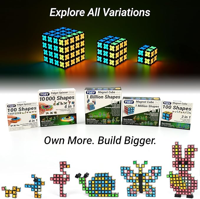 TOSY Magnet Cube 2x2 - 8 Blocks, 2in1 Toy: 2x2x2 Puzzle Cube and Customizable Infinity Cube, Glowing, Christmas Stocking Stuffers Gift for Kids/Grandkids, UV Flashlight, Sensory/STEM Toy
