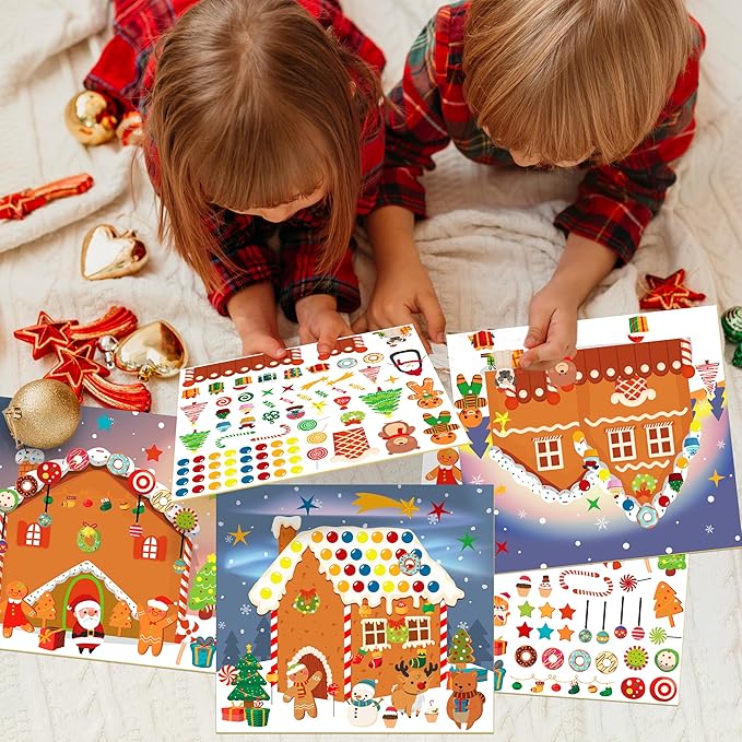 LINAYE 48PCS Make A Gingerbread House Stickers, Christmas Crafts for Kids Toddlers, Gingerbread House Craft Stickers, Christmas Activities Games for Kids Party Favors, 24 Finished Products