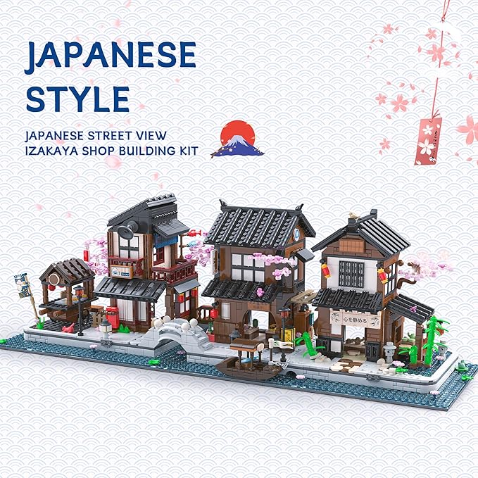 Cherry Blossom Japanese Street Building Block – Zen House Architecture building Set with Mini Shops, Izakaya, Ramen Shop & Tea House, Interactive Street View Micro Town, Gift for Adults, 2058Pcs