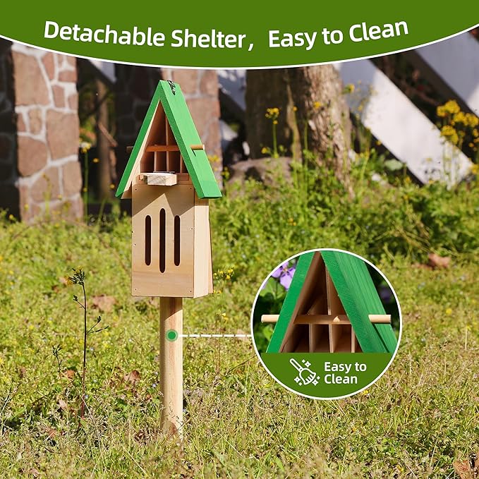 Wooden Butterfly House with Feeder – Outdoor Butterfly Habitat for Garden, Includes Ground Stake & Hanging Hook, Natural Garden Decor