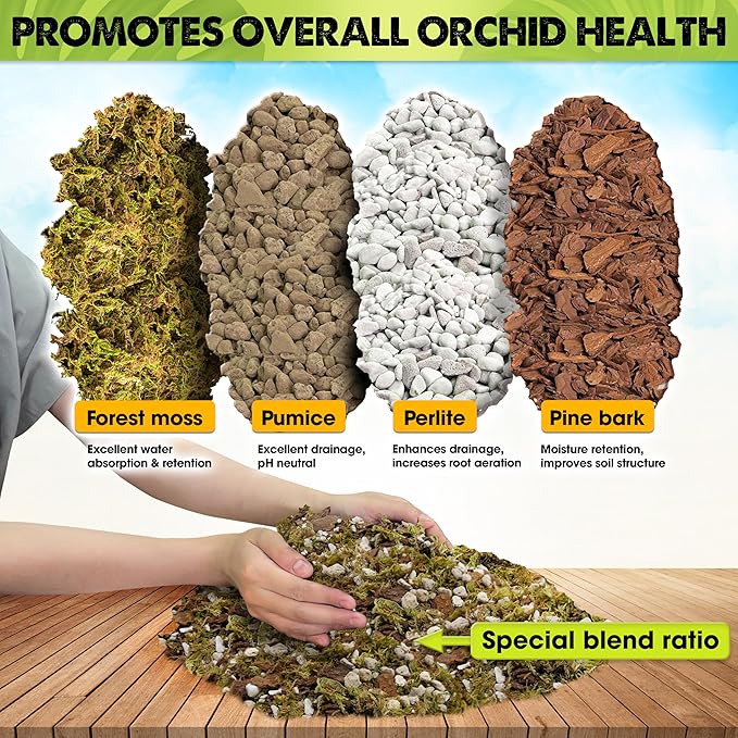 [Upgraded] DUSPRO Orchid Potting Mix for Repotting with Forest Moss, Pine Bark, Perlite & Pumice Natural Ingredients, Orchid Bark Potting Mix, Orchid Repotting Kit Drainage Indoor Potting Medium 2QT