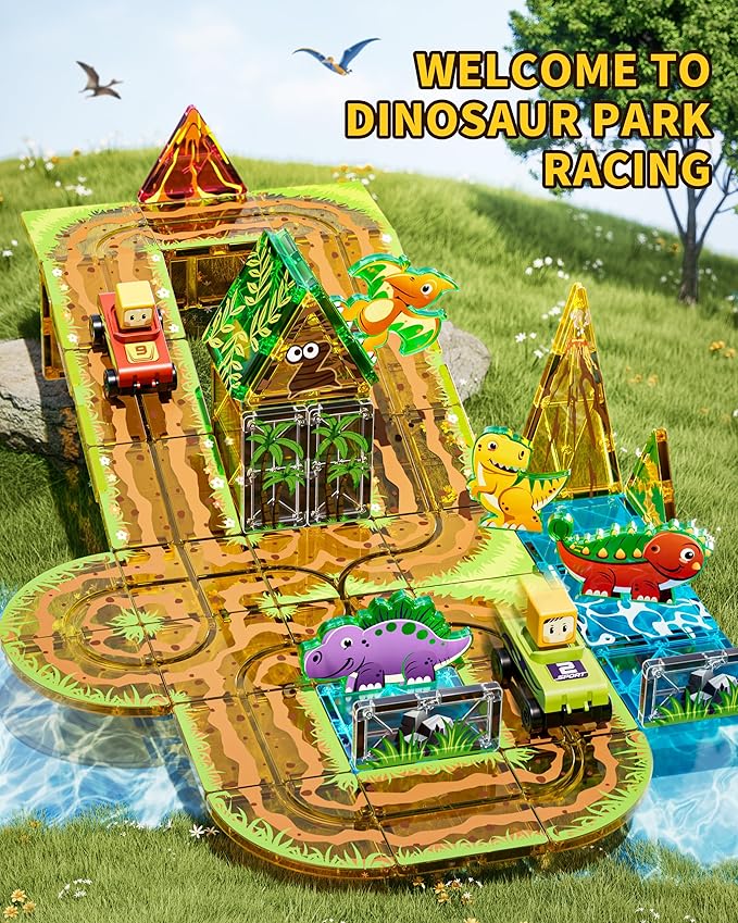Double-Sided Magnetic Tiles with Sliding Tracks Dinosaur Toys, 50Pcs with Cars for Kids 3 4 5 6 7 8 Magnetic Building Toddler Toys, STEM Preschool Educational Magnet for Boys Girls