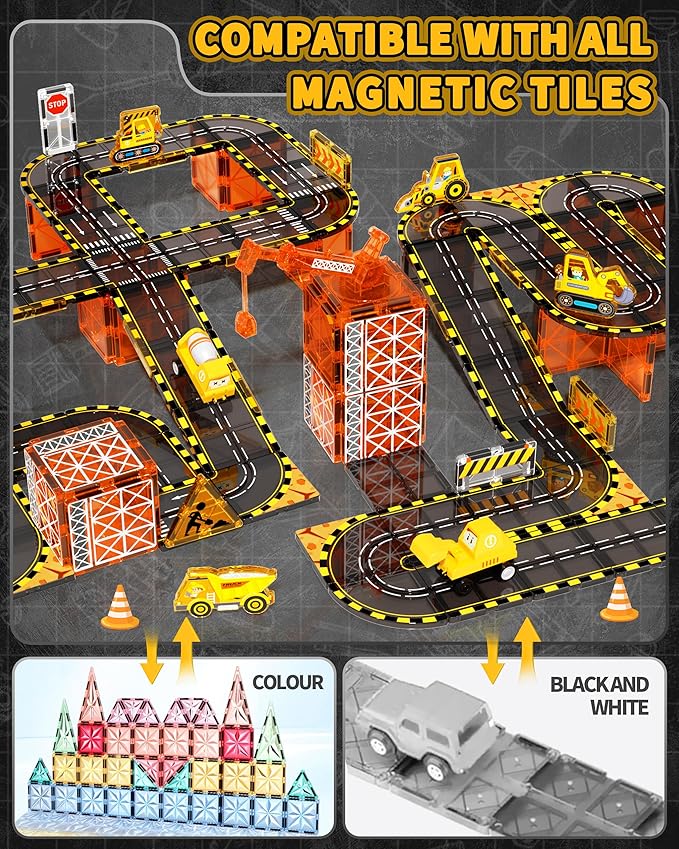 60pcs Double-Sided Magnetic Tiles with Sliding Tracks Construction Toys & Extendable Crane, Toddler Building City Road Set with Car for Kids 3 4 5 6 7 8, STEM Educational for Boys Girls