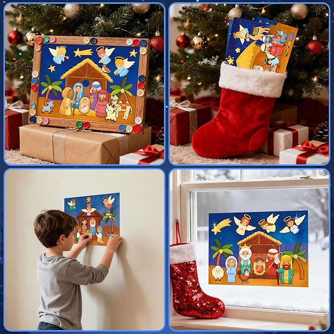 LINAYE 48 Sheets Nativity Scene Stickers, Religious Christian Christmas Stickers Nativity Crafts for Kids School Classroom, Christmas Activities Games for Kids Party Favors 24 Finished Products