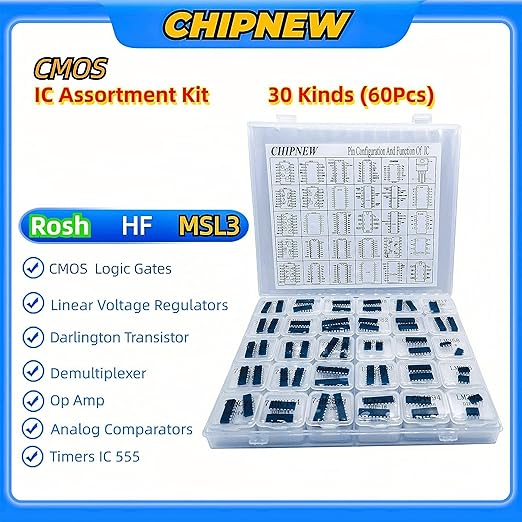 IC Kit Integrated Circuit Pro Edition 64-in-1 Electronic Component IC : Logic Gates Chip 74HCxx+CD40xx, 555Timers, LM358 op amp, ULN2003 Transistors,Amplifier IC LM386! ESD Package&MultiKit