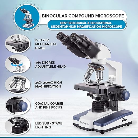 AmScope 40X-2500X LED Lab Binocular Compound Microscope with Double Layer Mechanical Stage + Book + 100 Coverslips & 50 Blank Slides